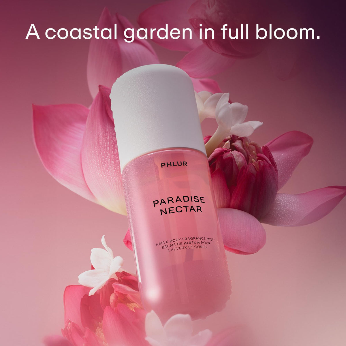 PHLUR Paradise Nectar Body Mist bottle with floral background