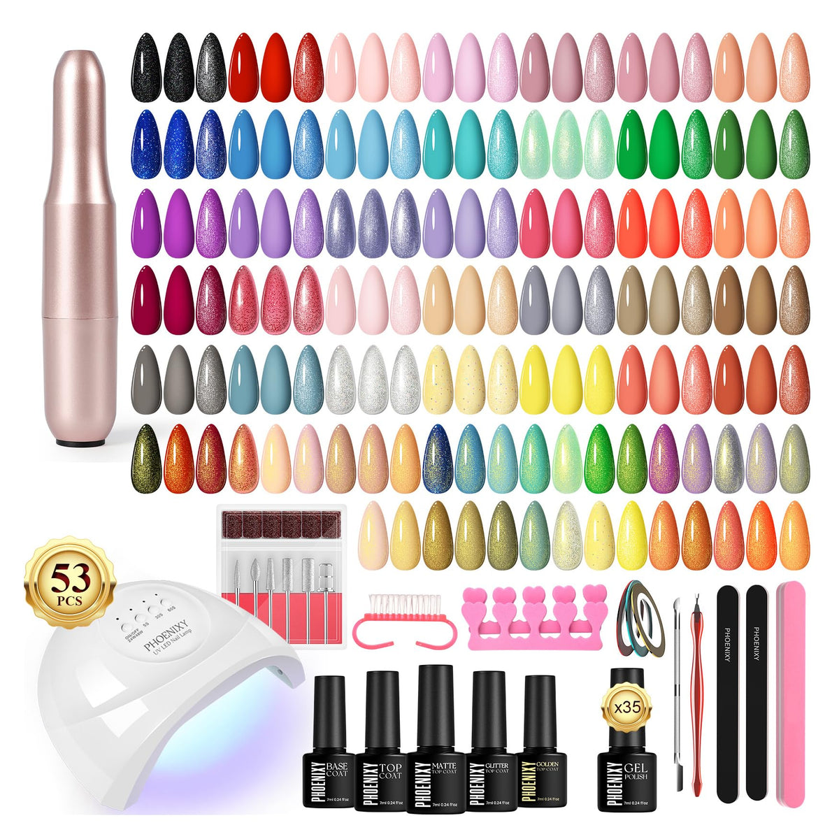 phoenixy 53 pcs gel nail polish kit with UV light and nail drill