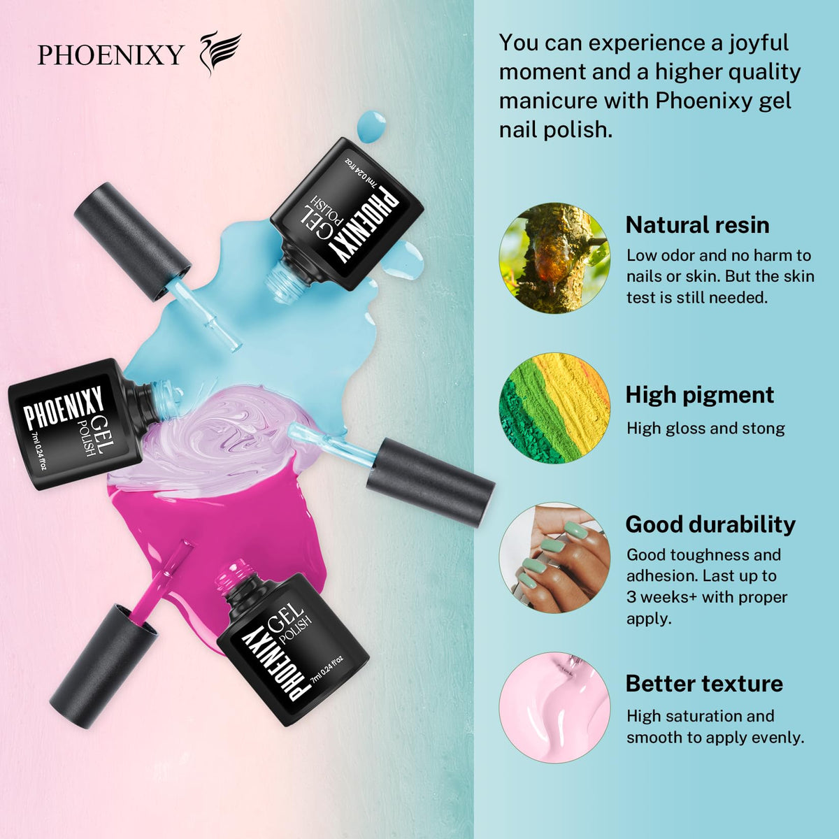 Phoenixy gel nail polish set displayed with base and top coats