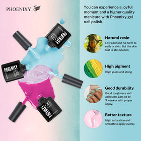 Phoenixy gel nail polish set displayed with base and top coats