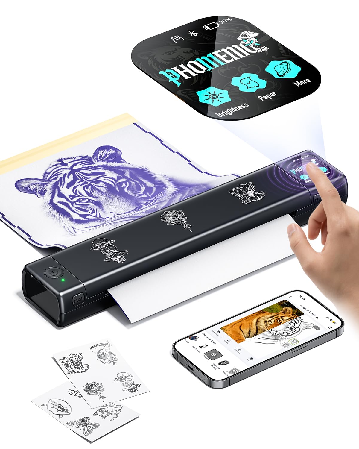 Phomemo M08F Plus Tattoo Stencil Printer front view with touchscreen