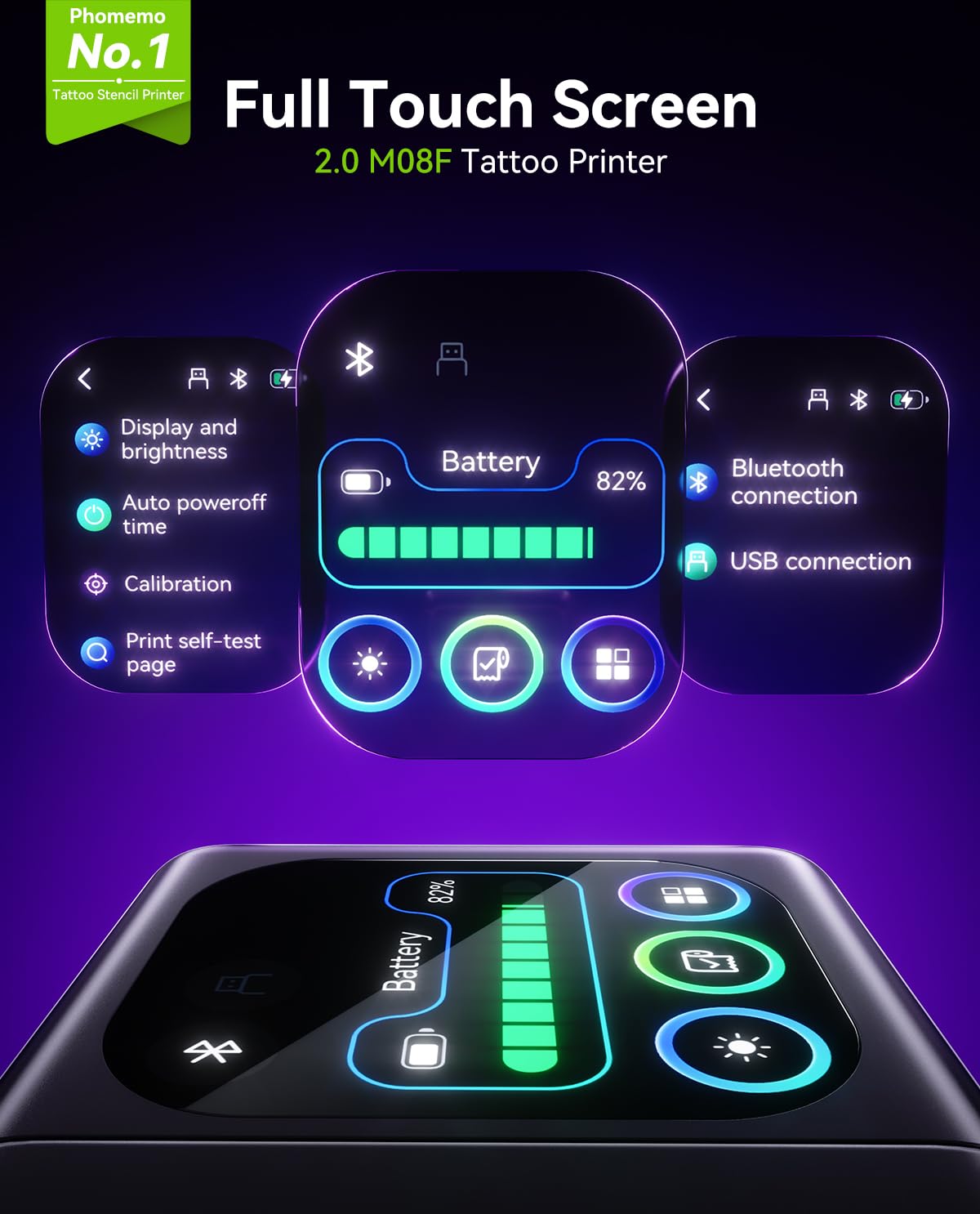 Phomemo M08F Plus Tattoo Stencil Printer showing Bluetooth connection
