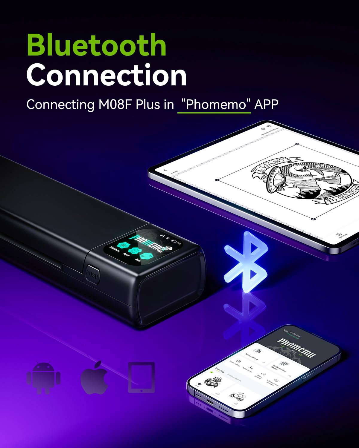 Phomemo M08F Plus Tattoo Stencil Printer showing smart touchscreen control