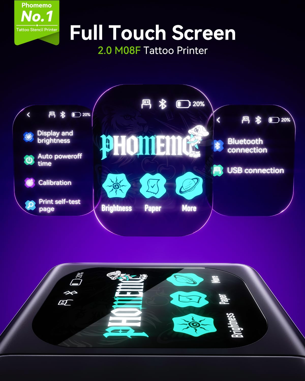 Phomemo M08F Plus Tattoo Stencil Printer side view showing Bluetooth connection