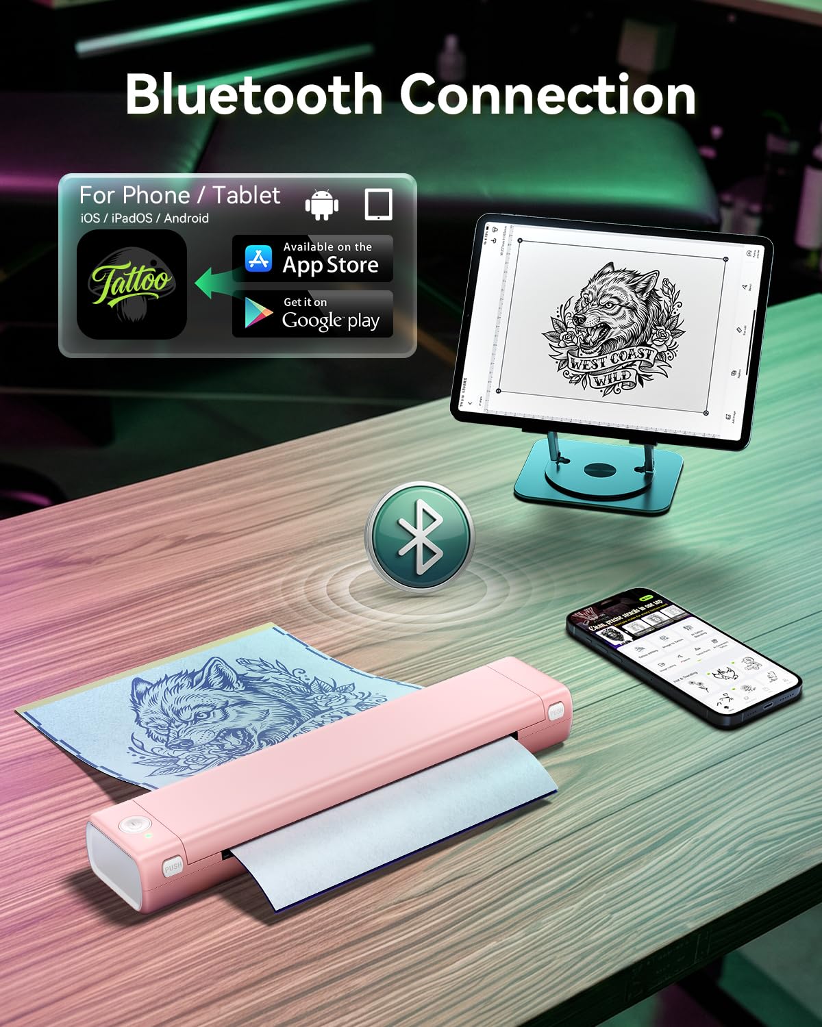 Phomemo M08F printer with mobile app interface