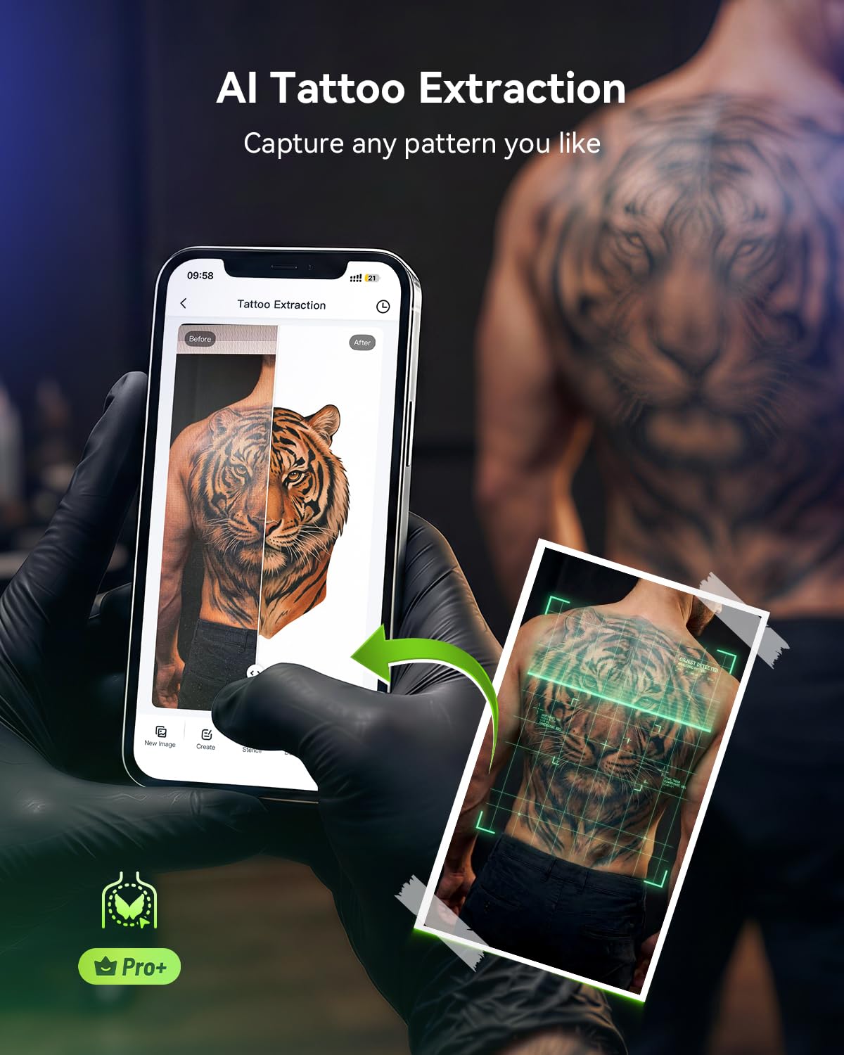 Phomemo M08F Tattoo Printer displaying printed stencil