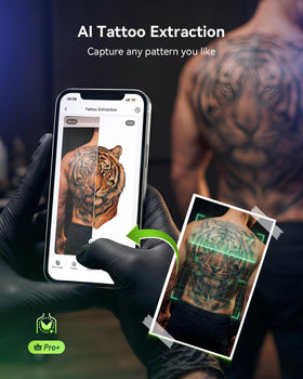 Phomemo M08F Tattoo Printer displaying printed stencil