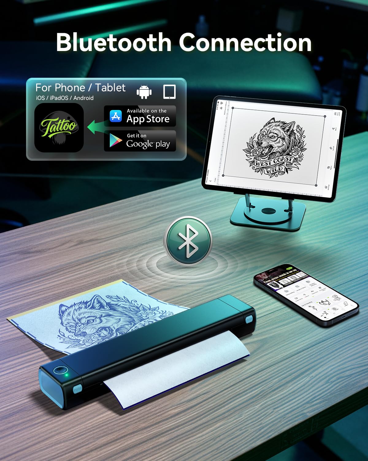 Phomemo M08F Tattoo Printer displaying printed tattoo stencil
