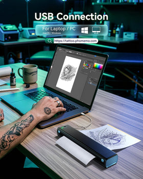 Phomemo M08F Tattoo Printer with accessories and tattoo paper