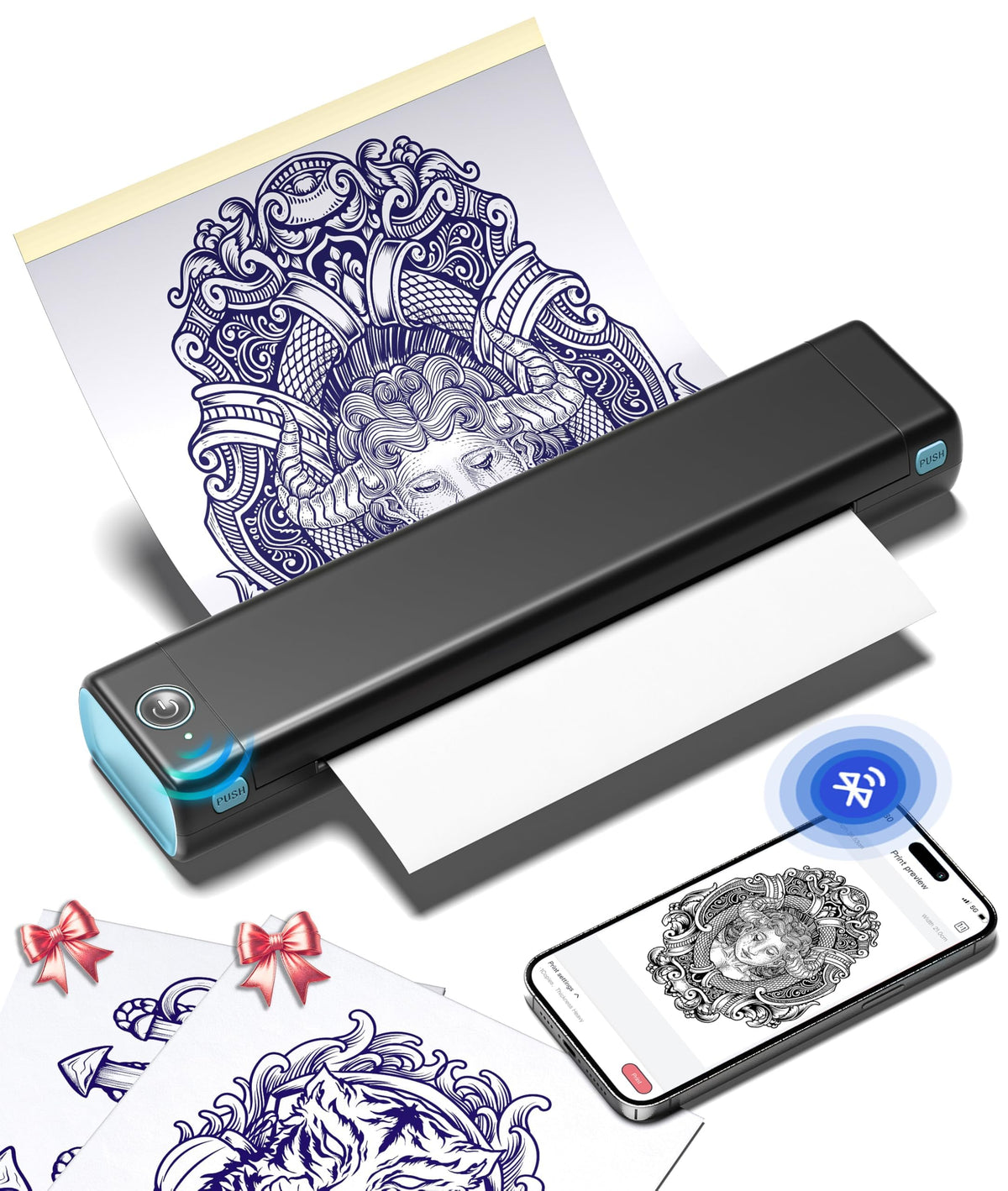 Phomemo M08F Tattoo Stencil Printer front view in black and blue