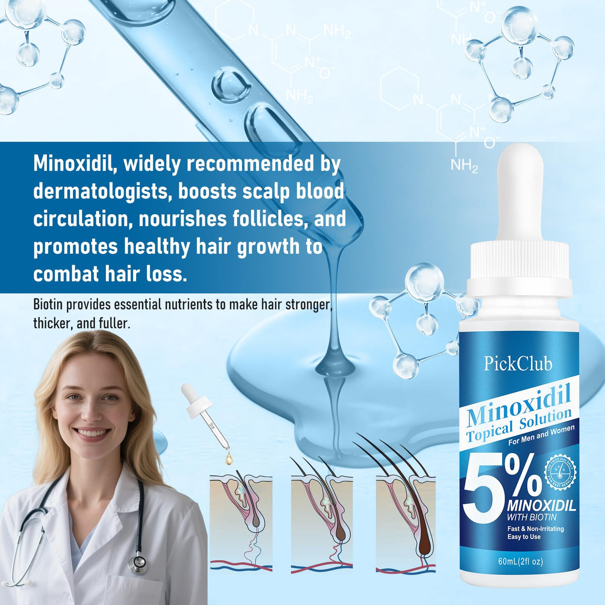 PickClub 5% Minoxidil Hair Regrowth Serum with dropper