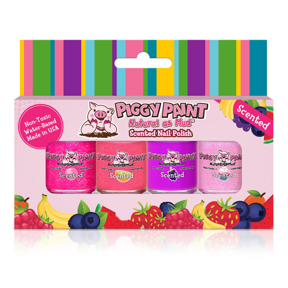 Piggy Paint Nail Polish 4 Color Set with Bubble Gum Bash, Magical Melon, Grouchy Grape, Cupcake Cutie