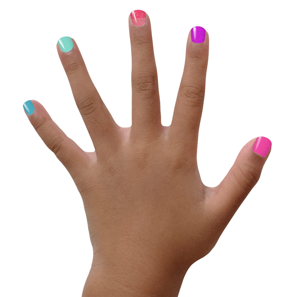 Piggy Paint nail polish set displayed with a child's hand painting nails