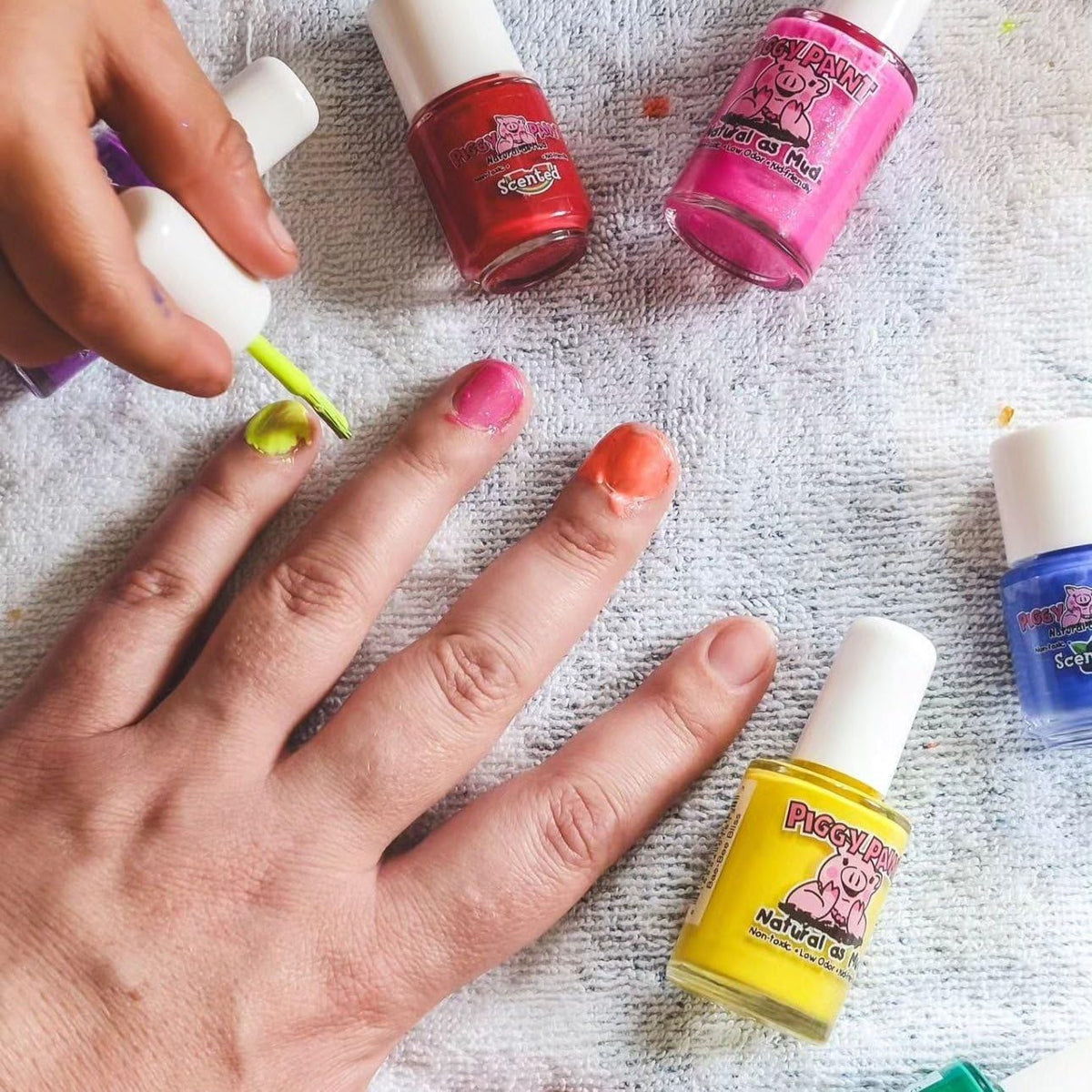 Piggy Paint Sunshine Yellow nail polish with base and top coat