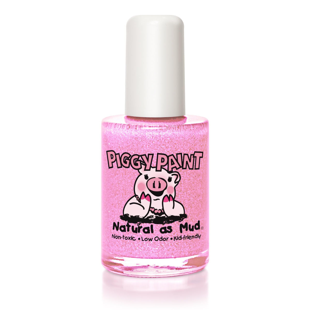 Piggy Paint Tickled Pink nail polish front view with light pink glitter