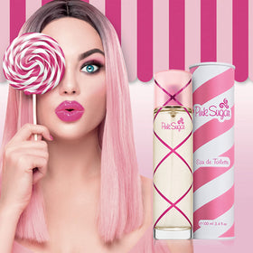 Pink Sugar Eau de Toilette bottle with floral background