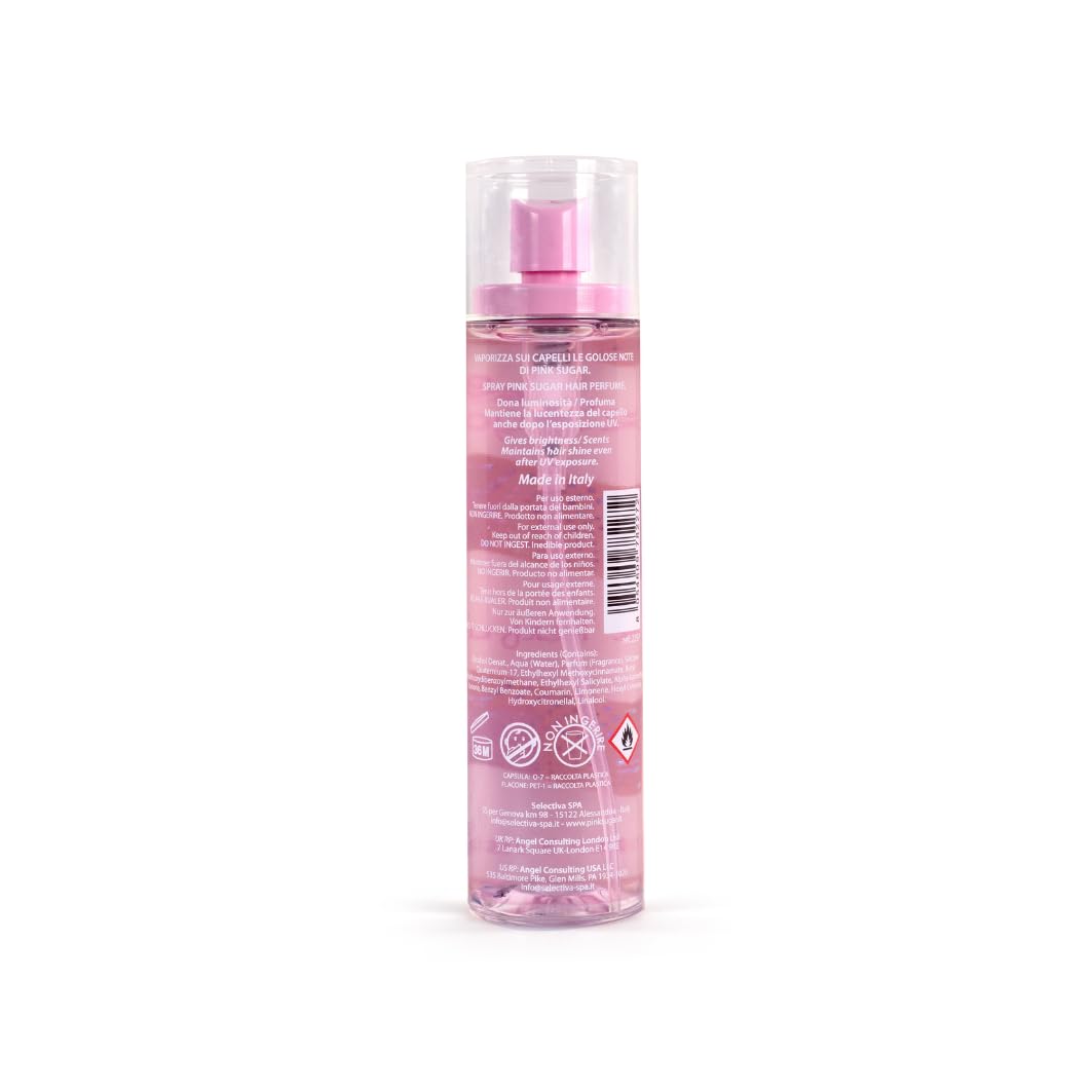 Pink Sugar Hair Perfume bottle with cotton candy background