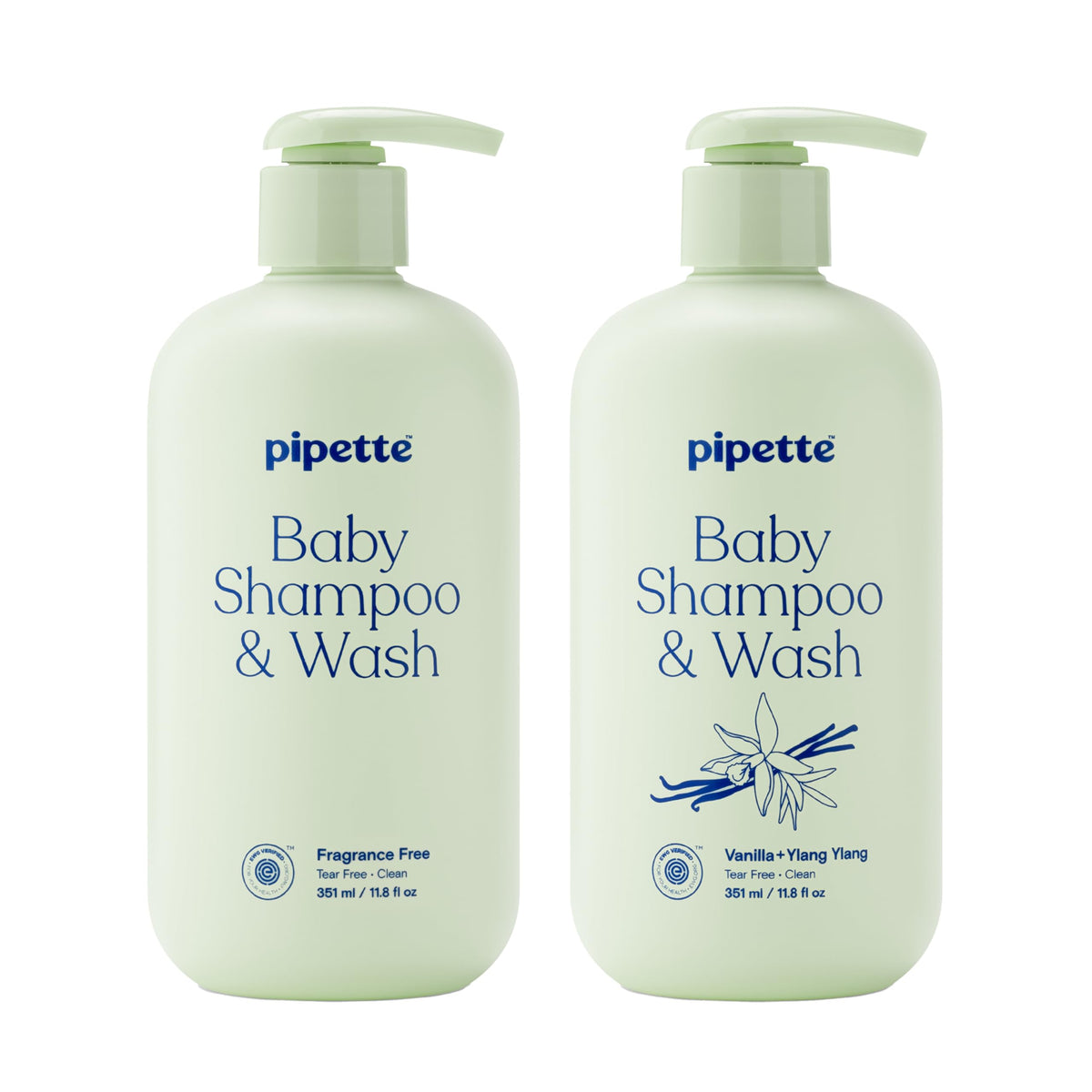 Pipette Baby Shampoo + Wash Duo, fragrance free and vanilla bottles side view