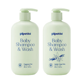 Pipette Baby Shampoo + Wash Duo, fragrance free and vanilla bottles side view