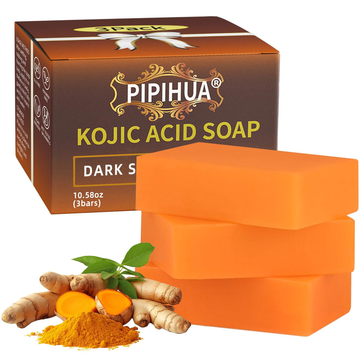 PIPIHUA Kojic Acid Soap front view with turmeric and lemon