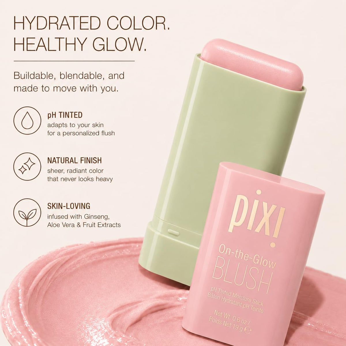 Pixi ON-THE-GLOW Cream Blush Stick Fleur on lips and cheeks