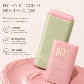 Pixi ON-THE-GLOW Cream Blush Stick Fleur on lips and cheeks