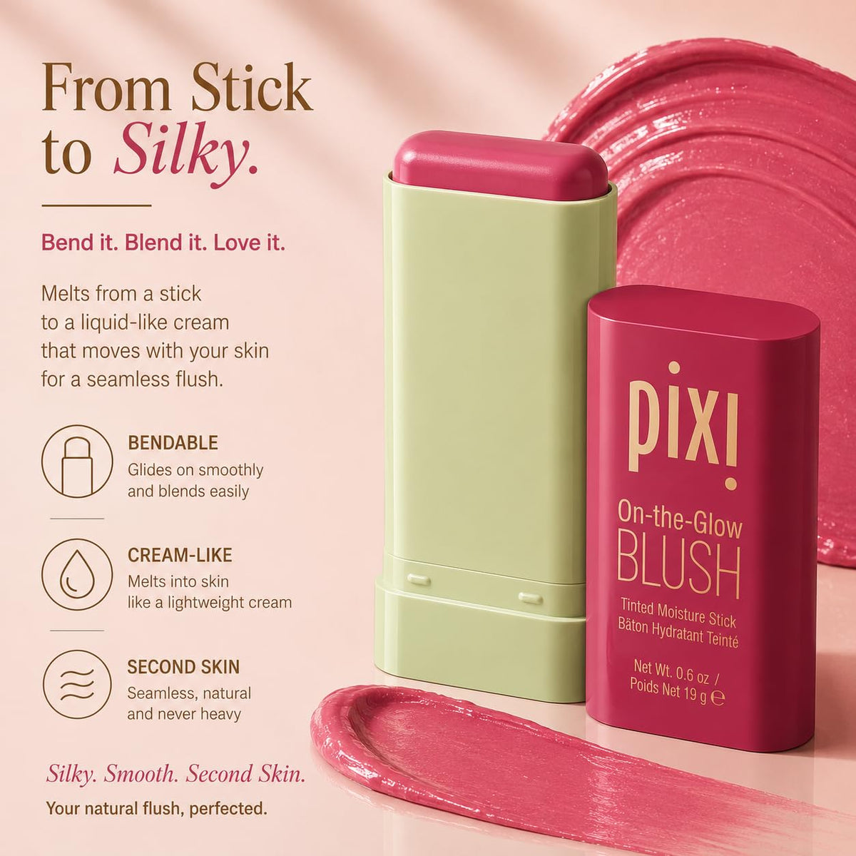 Pixi ON-THE-GLOW Cream Blush Stick Ruby applied on cheeks