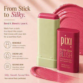 Pixi ON-THE-GLOW Cream Blush Stick Ruby applied on cheeks