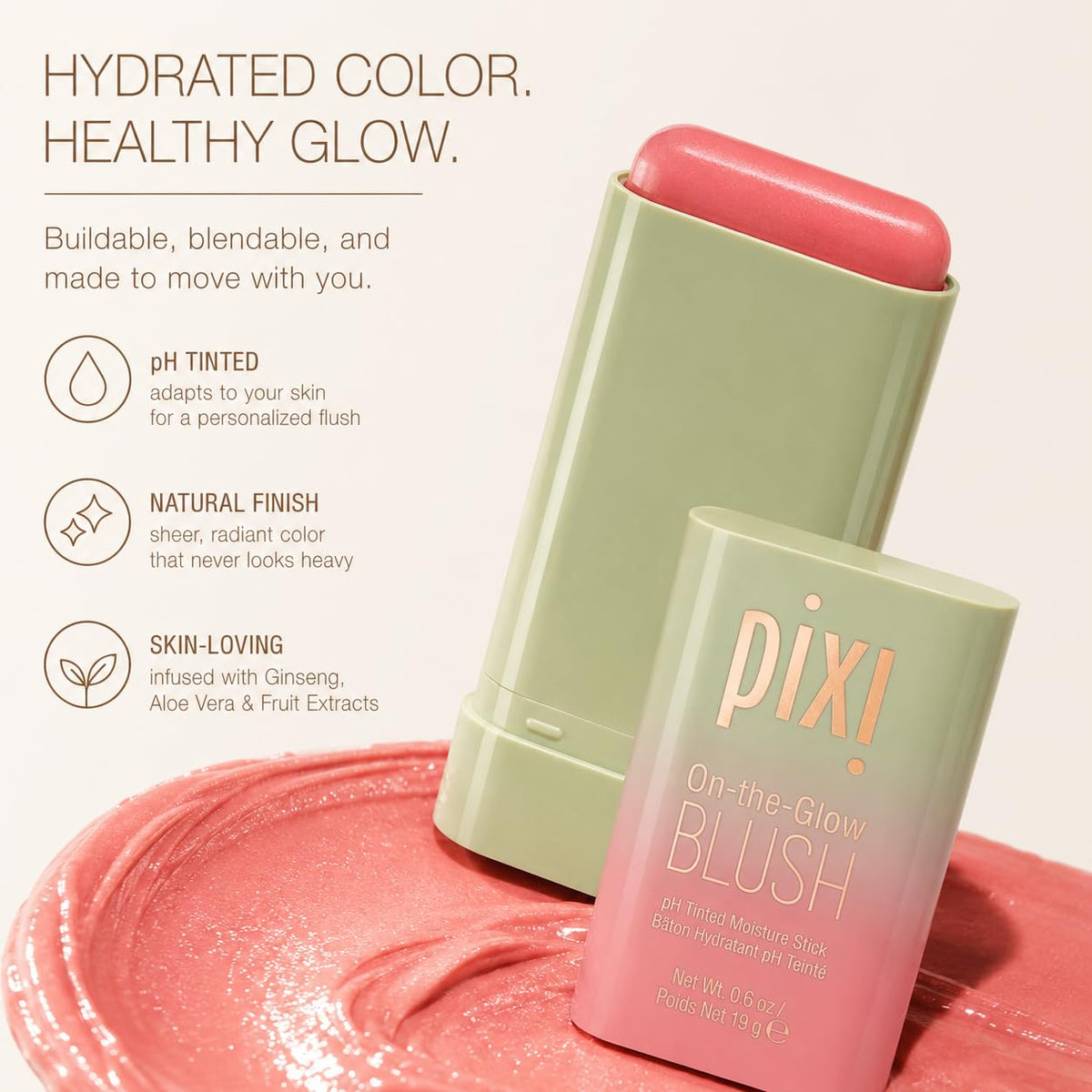 Pixi ON-THE-GLOW Cream Blush Stick swatch on skin