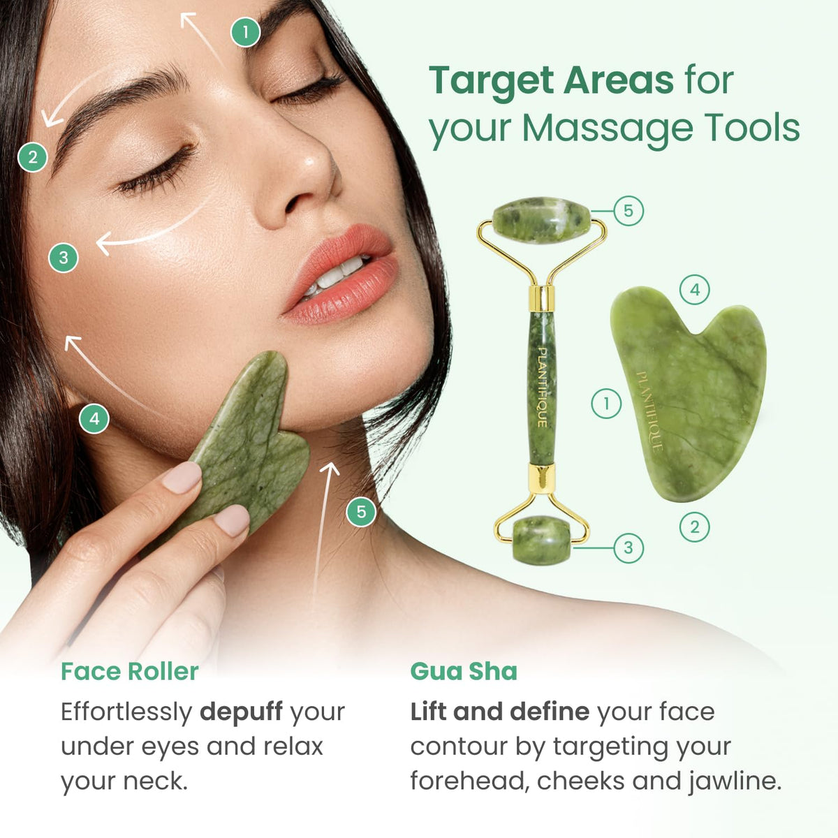 PLANTIFIQUE Jade Gua Sha and Roller Set in gift box