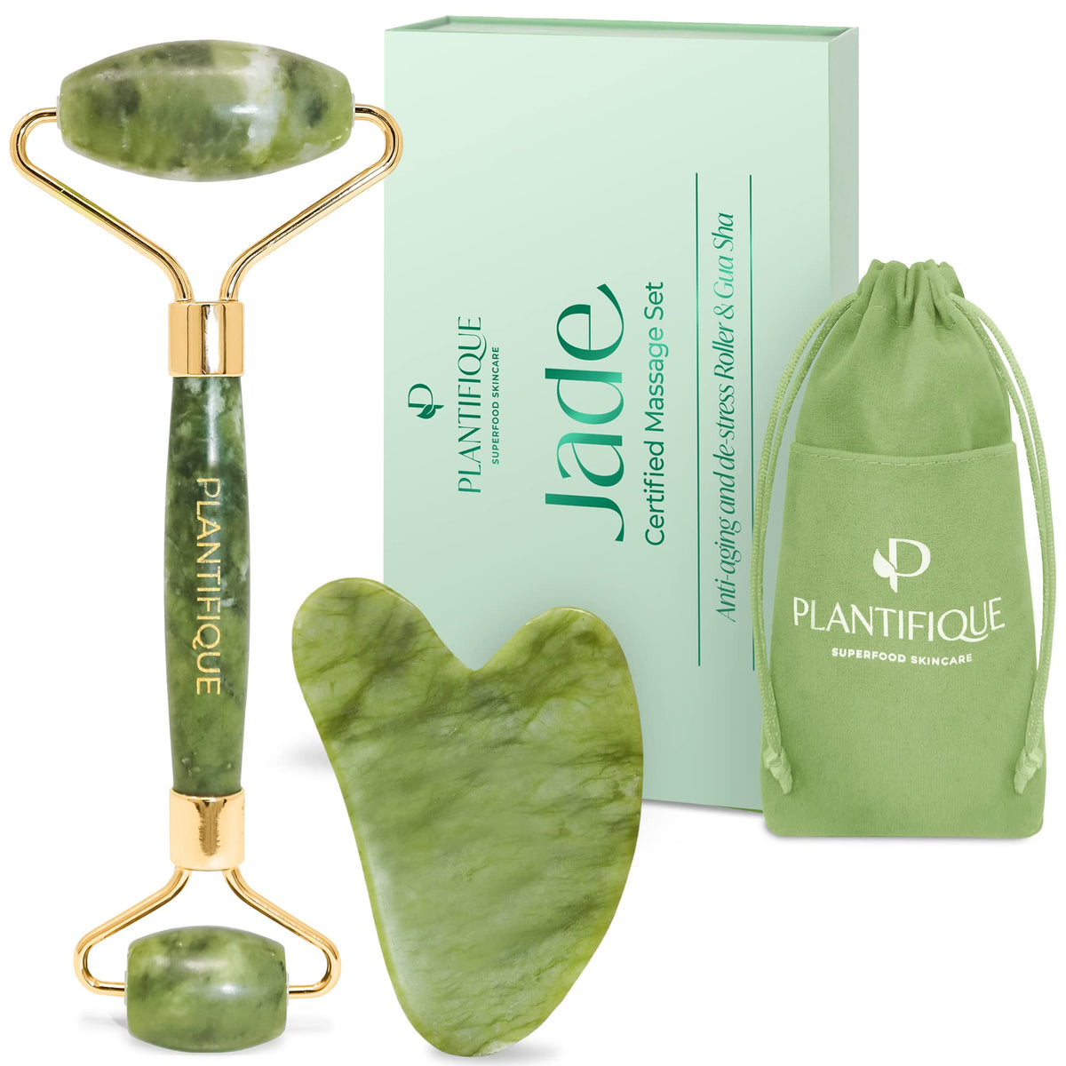 PLANTIFIQUE Jade Gua Sha Facial Tool and Roller Set front view