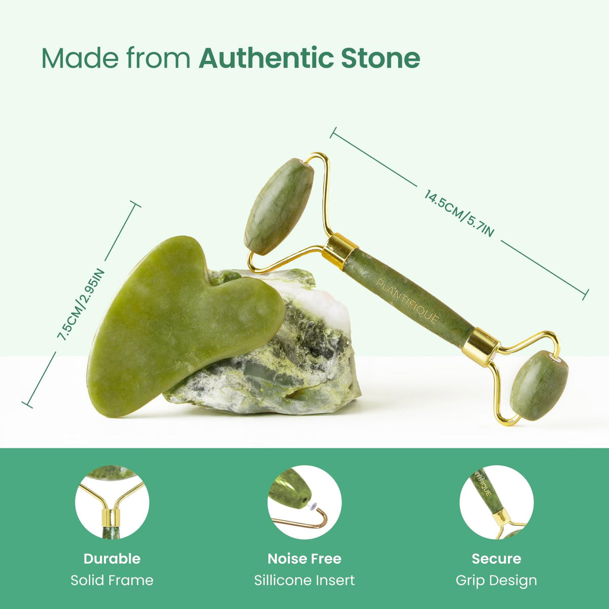 PLANTIFIQUE Jade Gua Sha tool on a marble surface