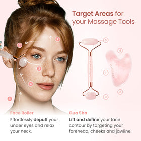 PLANTIFIQUE Rose Quartz Roller and Gua Sha set on a marble background