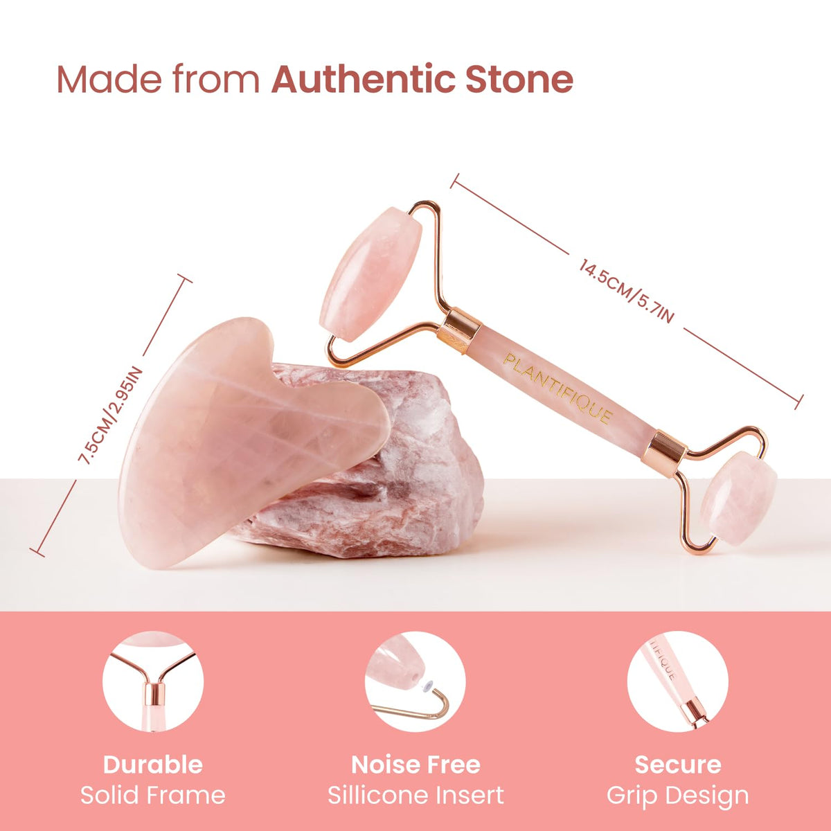 PLANTIFIQUE Rose Quartz Roller close-up showing the stone texture