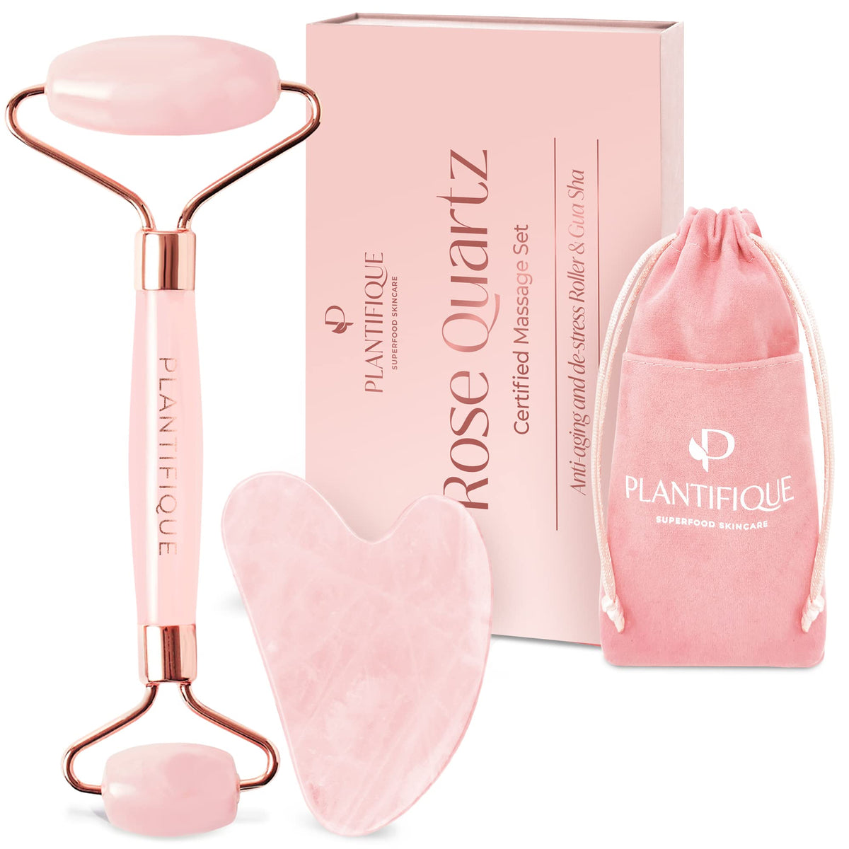 PLANTIFIQUE Rose Quartz Roller front view with smooth finish