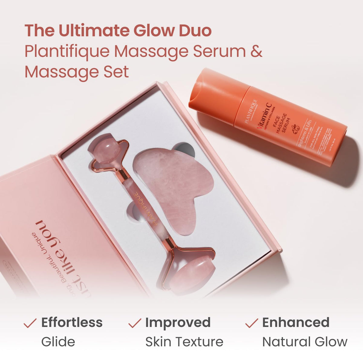 PLANTIFIQUE Rose Quartz Roller in packaging with branding