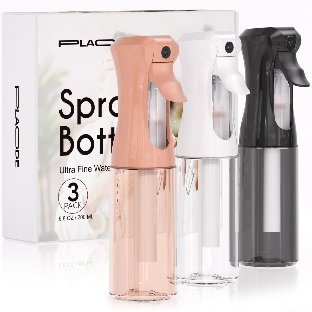 Plaode Continuous Spray Bottle 3 Pack in white, black, and terracotta