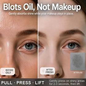 PleasingCare blotting paper in use on a face