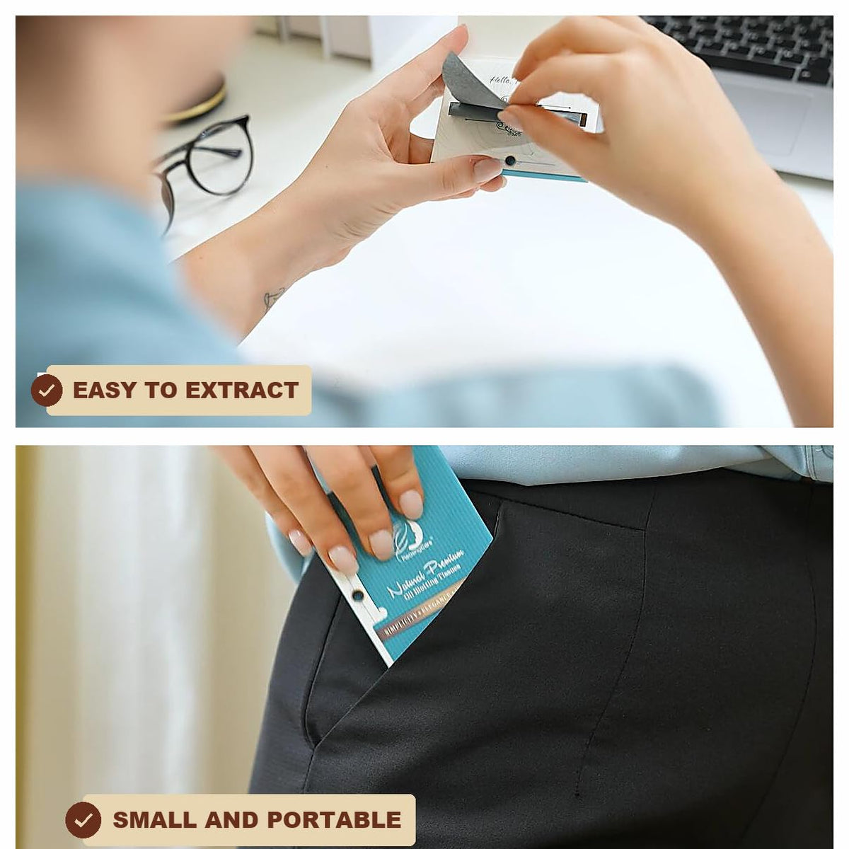 PleasingCare blotting sheets next to makeup products