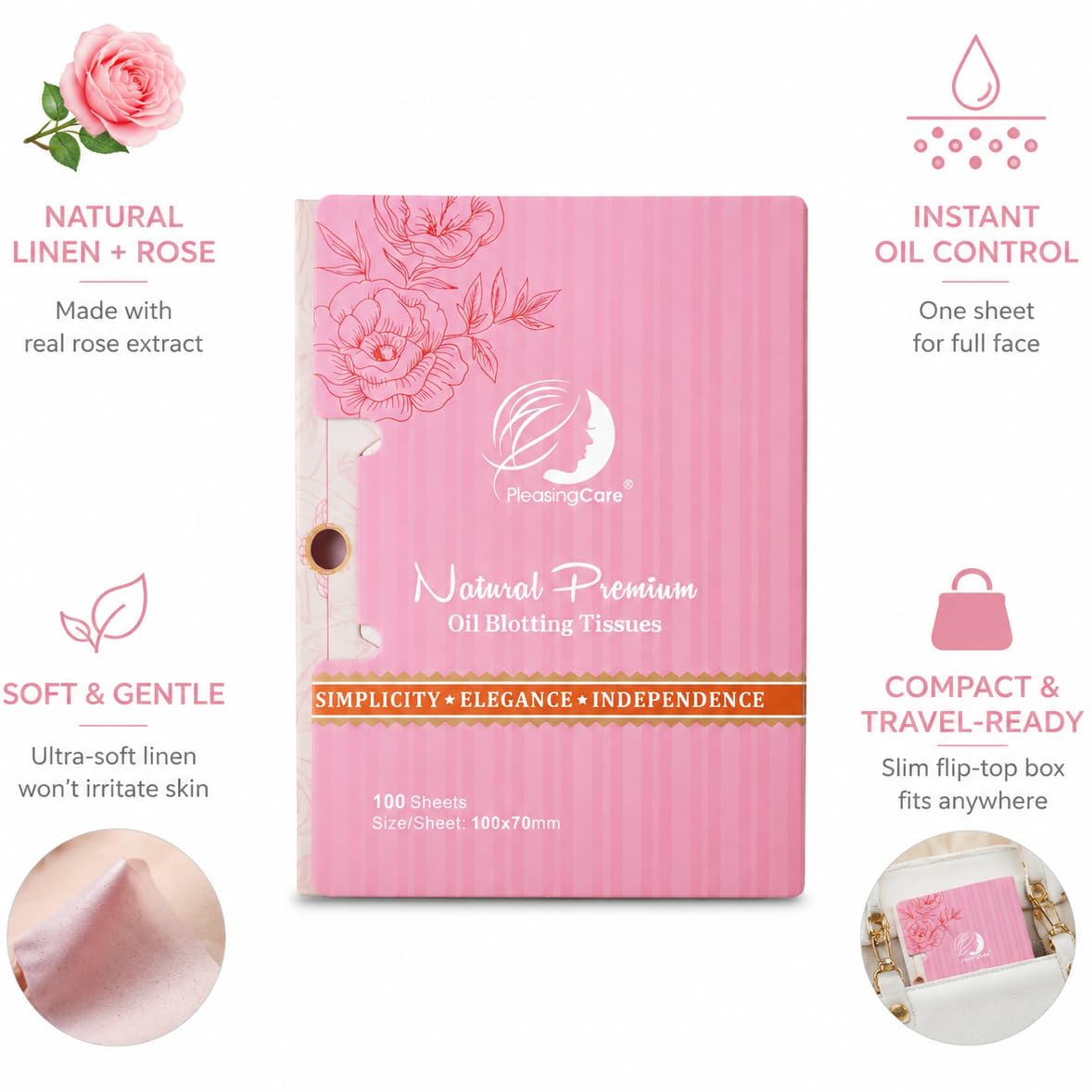 PleasingCare Large Face Oil Blotting Sheets dispenser with one sheet visible