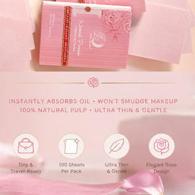 PleasingCare Large Face Oil Blotting Sheets next to makeup products