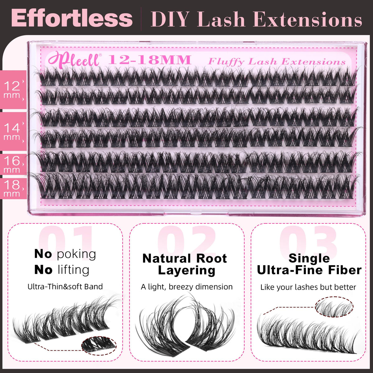 Pleell Fluffy Lash Clusters showing different lengths