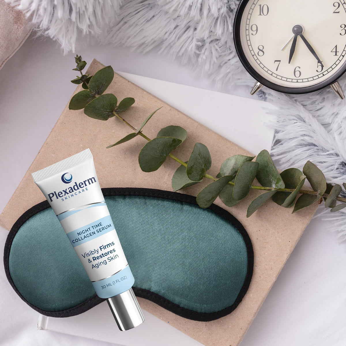 Plexaderm Night Time Collagen Serum 30mL in a bathroom setting