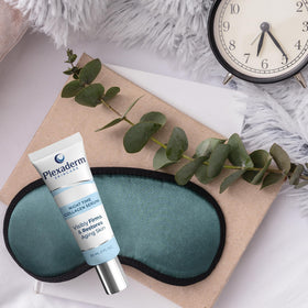 Plexaderm Night Time Collagen Serum 30mL in a bathroom setting