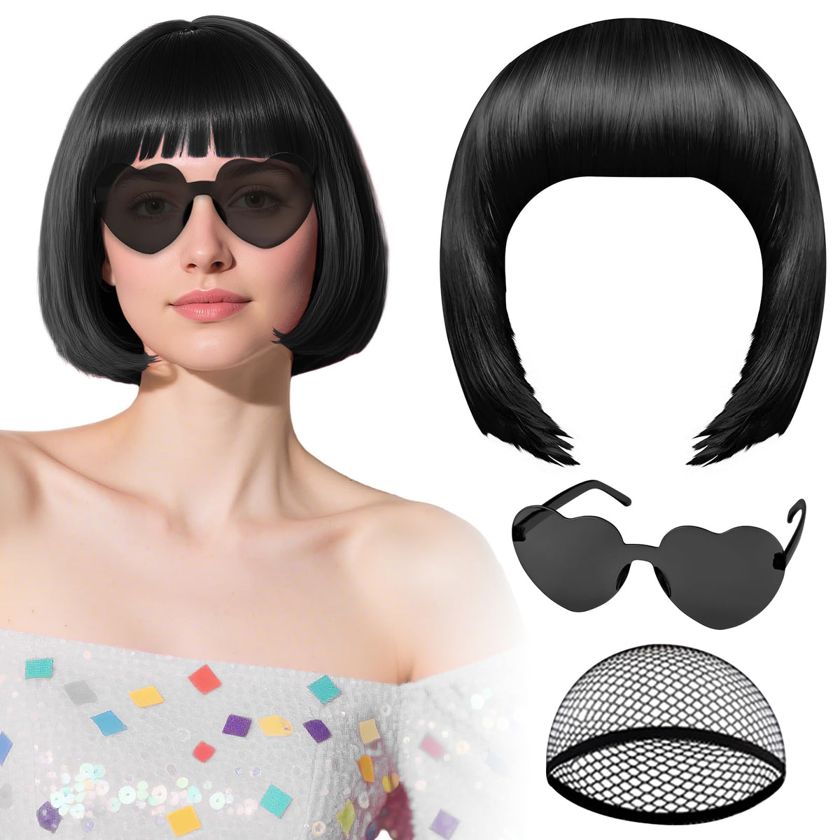 PLULON Black Bob Wig front view with heart sunglasses