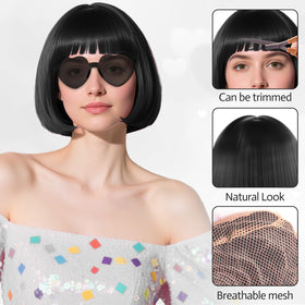 PLULON Black Bob Wig with hair cap and sunglasses on display