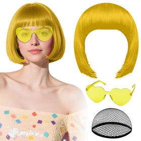 PLULON Gold Bob Wig front view with heart sunglasses