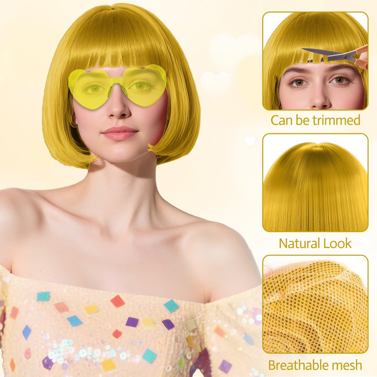 PLULON Gold Bob Wig with black wig cap and heart sunglasses