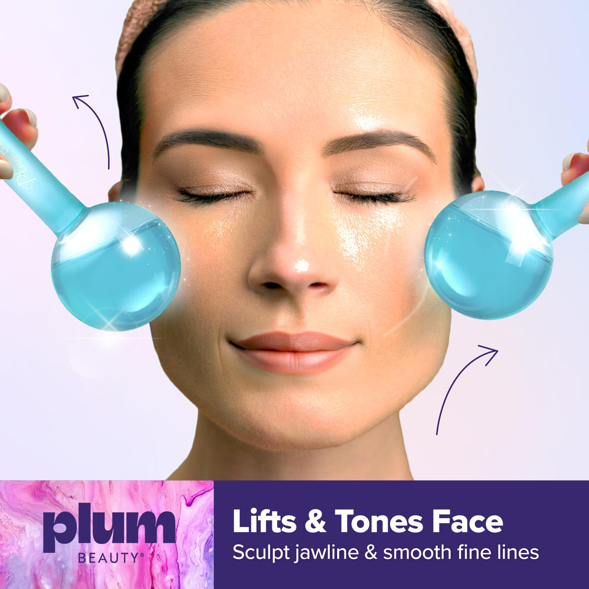 Plum Beauty Cooling Globes on a vanity with skincare products
