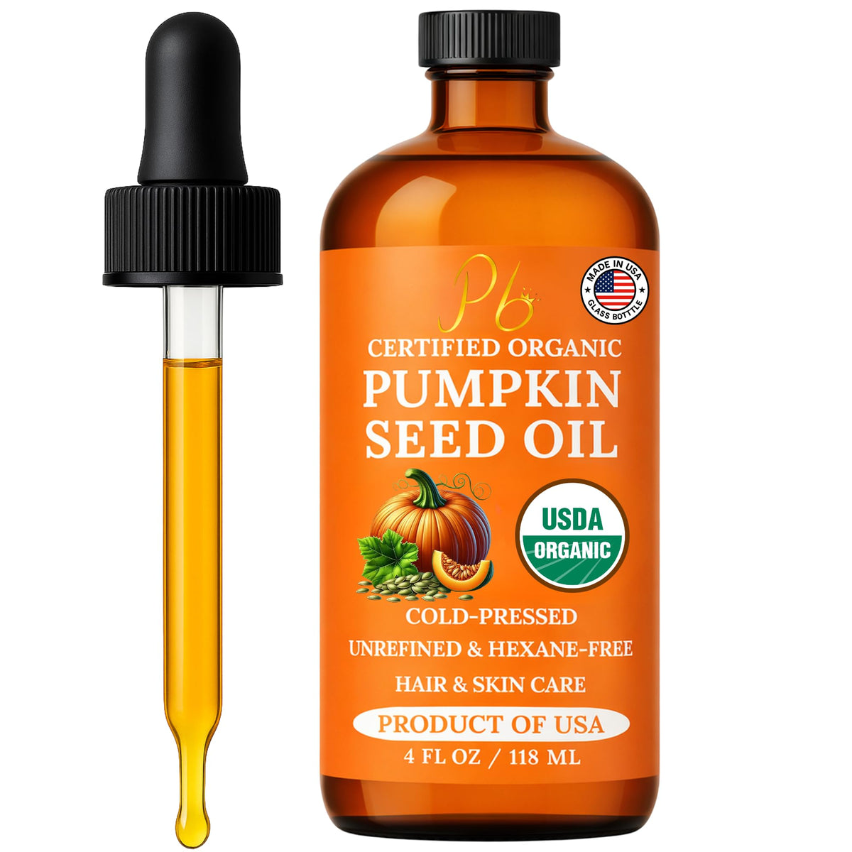 Pomberries Pumpkin Seed Oil 4 Fl Oz glass bottle with pump